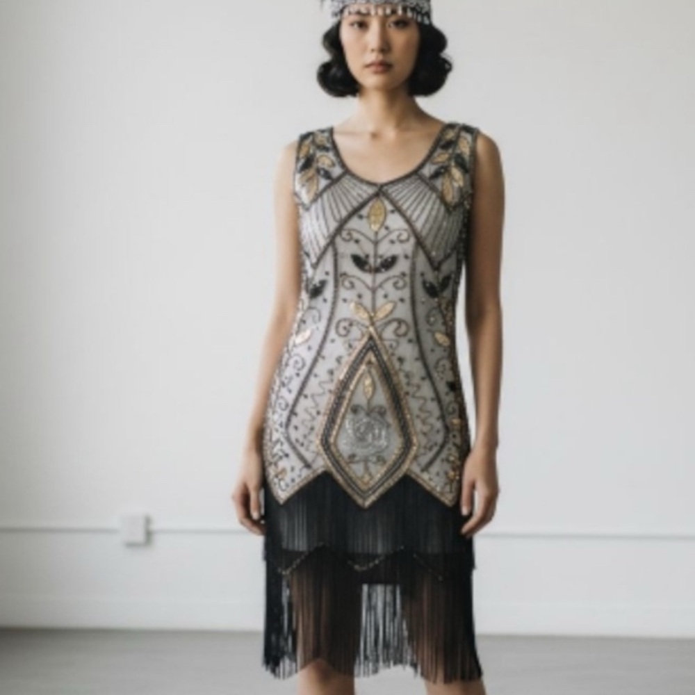 Metme Black and Silver Beaded sequin flapper dress fringe side zip S